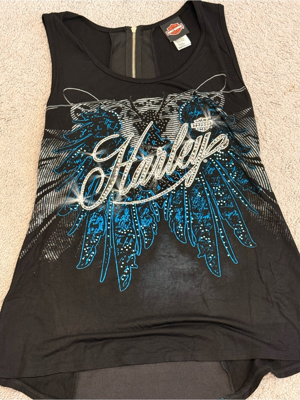 Harley-Davidson Women’s Black Embellished Tank Top Blue Accent Zip Back Size M